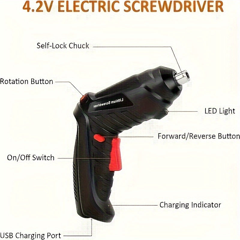 48pcs Cordless Electric Screwdriver Kit USB Rechargeable Handheld Drill Steel for DIY Home Repair