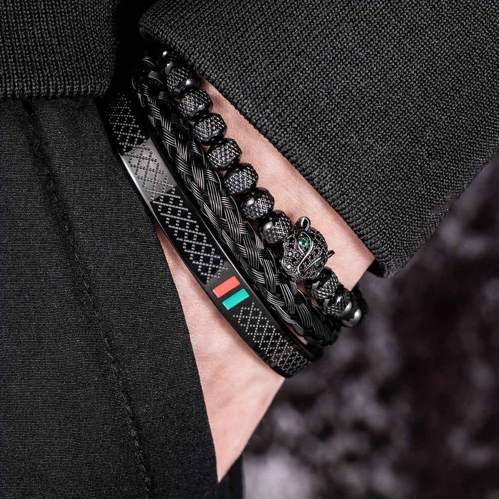 Leopard Head Bracelet Set Handmade Woven Bracelets Red Green Fashion Jewelry