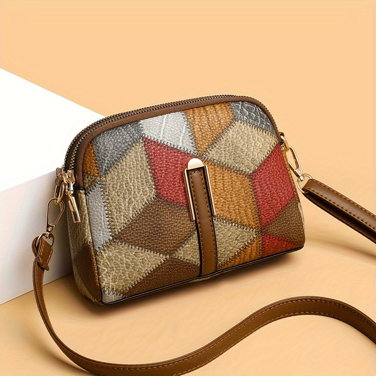 Women's Colorblock Crossbody Bag with Retro Rhombus Pattern PU Zipper Adjustable Strap