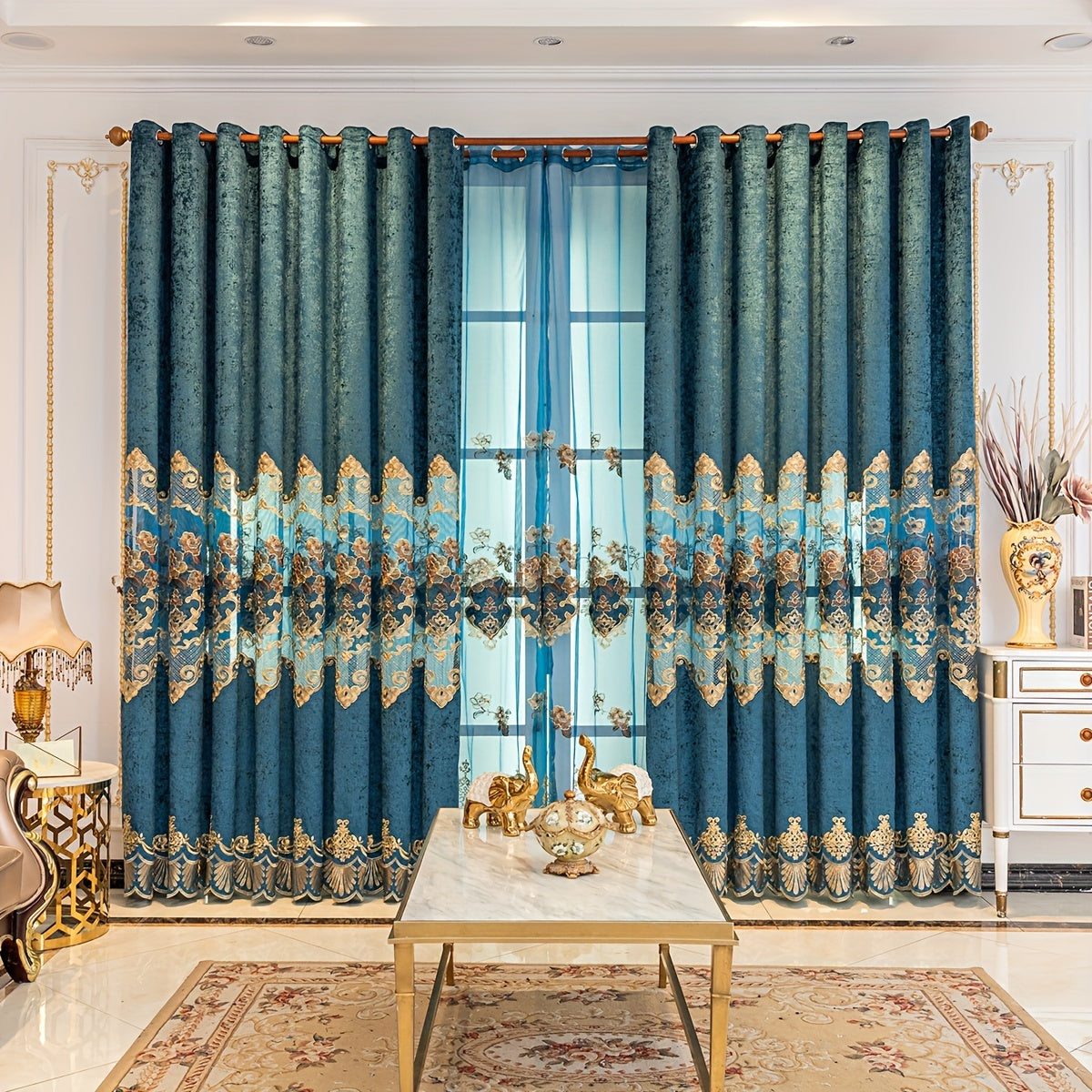 European-Style Thick Embroidered Curtains with Chenille Floral Designs and Translucent Yarn Finish for Living Room and Bedroom