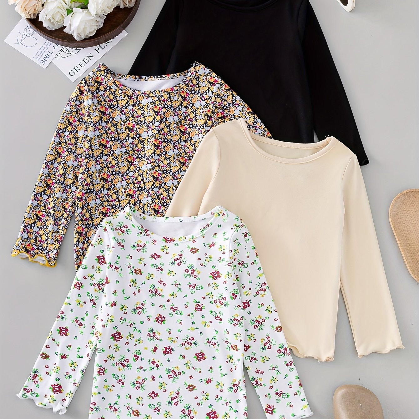 Girls' Long Sleeve Knit Tops 4-Piece Set Spring Fall Floral Solid Colors Skinny Fit