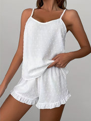 Women's V Neck Cami Top and Ruffle Shorts Pajama Set Solid Polyester Spring Summer Fall