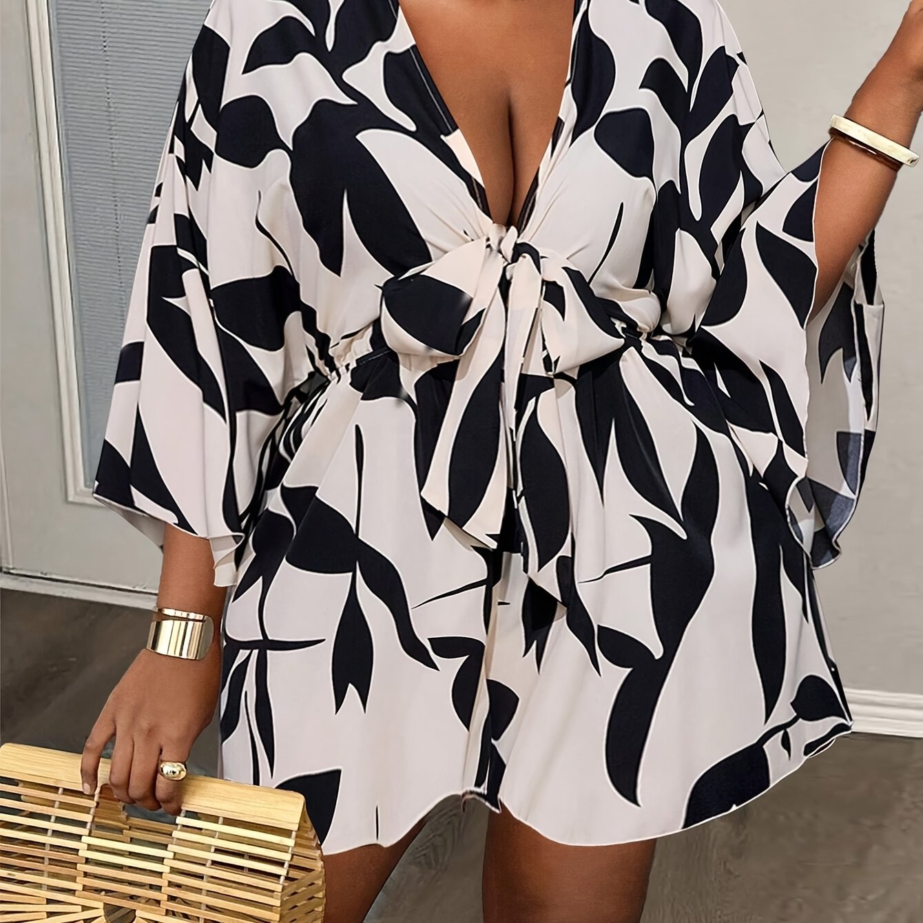 Plus Size Women's Jumpsuit V-Neck Tie-Front Floral Print Casual Summer