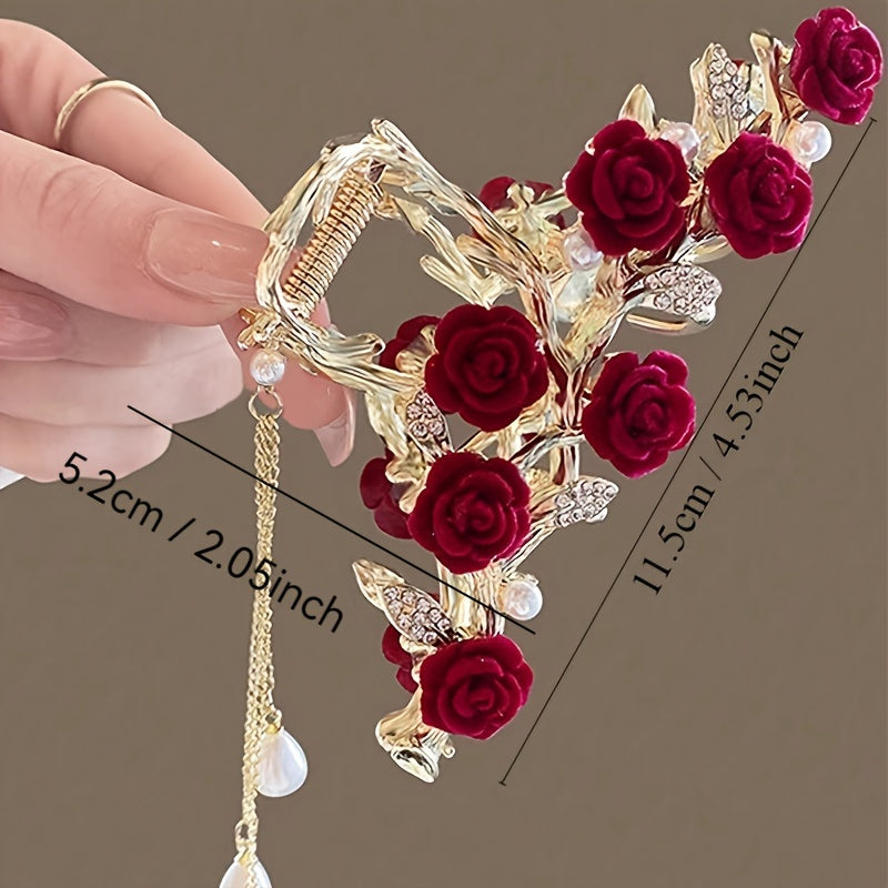 Gold Metal Hair Claw with Red Velvet Roses Pearl Tassels and Rhinestones for Women