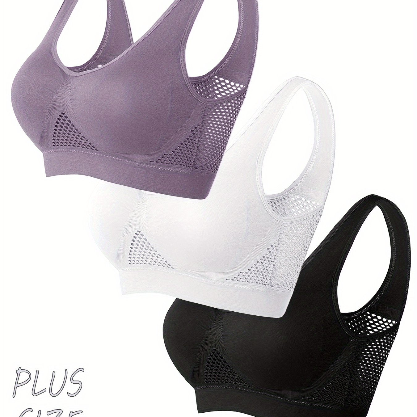 Plus Size Sports Bras Seamless Wireless Padded Mesh for Yoga Fitness Running Black White Purple 3 Pack