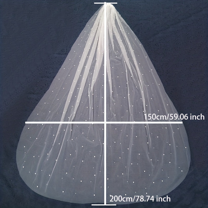 White Long Tulle Wedding Veil with Faux Pearl Accents for Bride