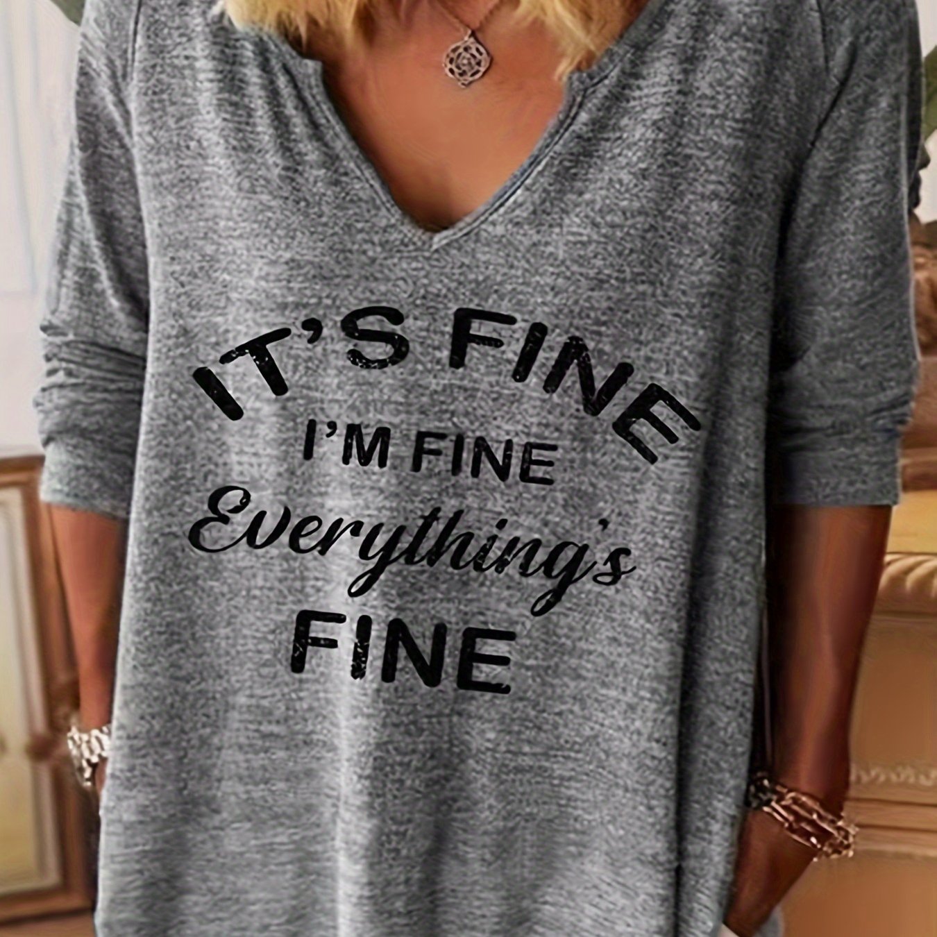 Plus Size V-Neck T-Shirt Long Sleeve Casual Spring Fall Women