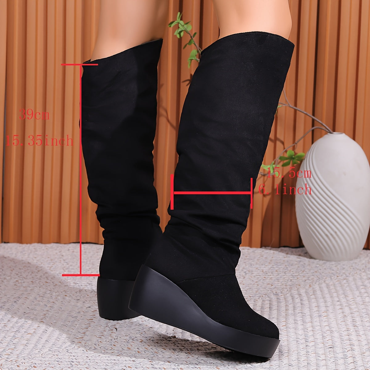 Women's Black Knee-High Wedge Boots with Slip-On Thick Sole