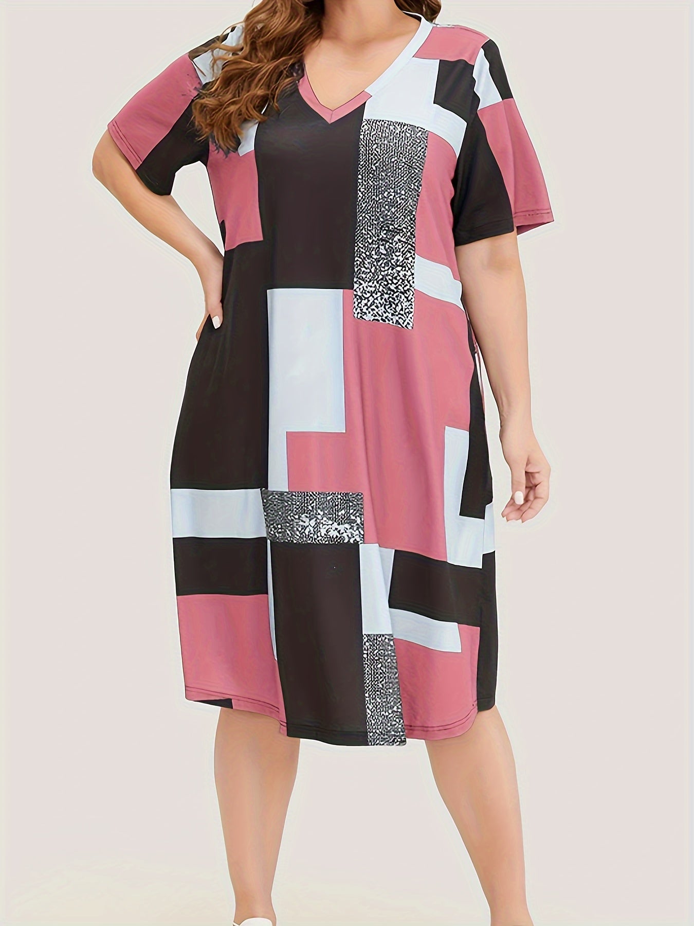 Plus Size Lounge Dress Women's Patchwork Print V Neck Sleep Dress With Pockets