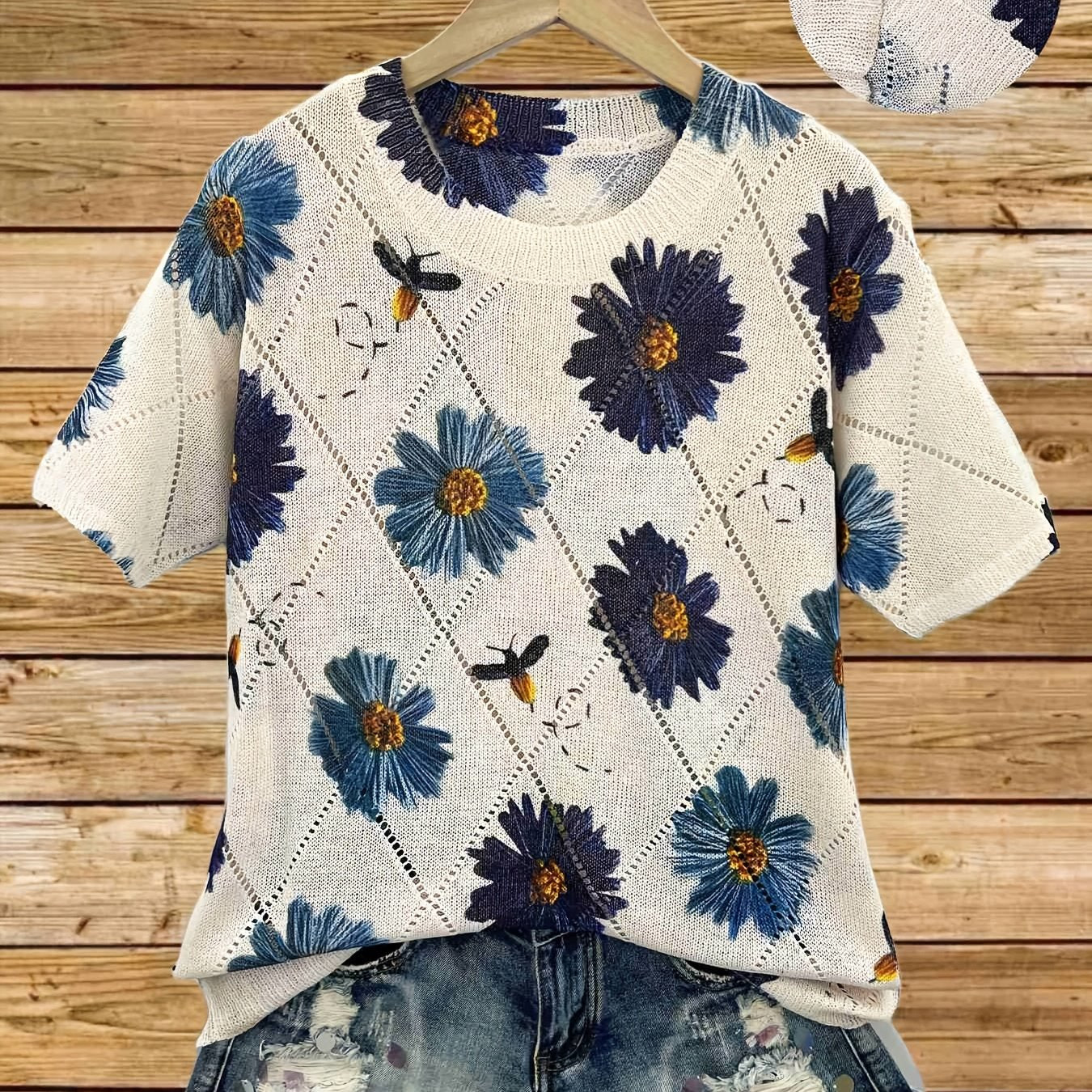 Plus Size Women's Floral Print Pullover Top Lightweight Short Sleeve Blouse