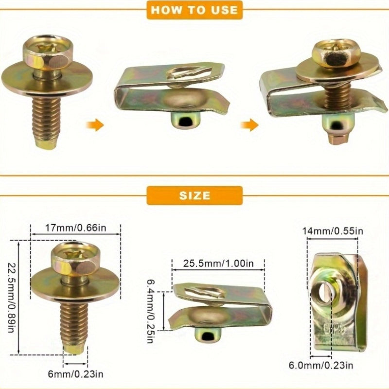 10 Pairs M6 Threaded Metal Car Clips with Washers for Bumper and Underhood