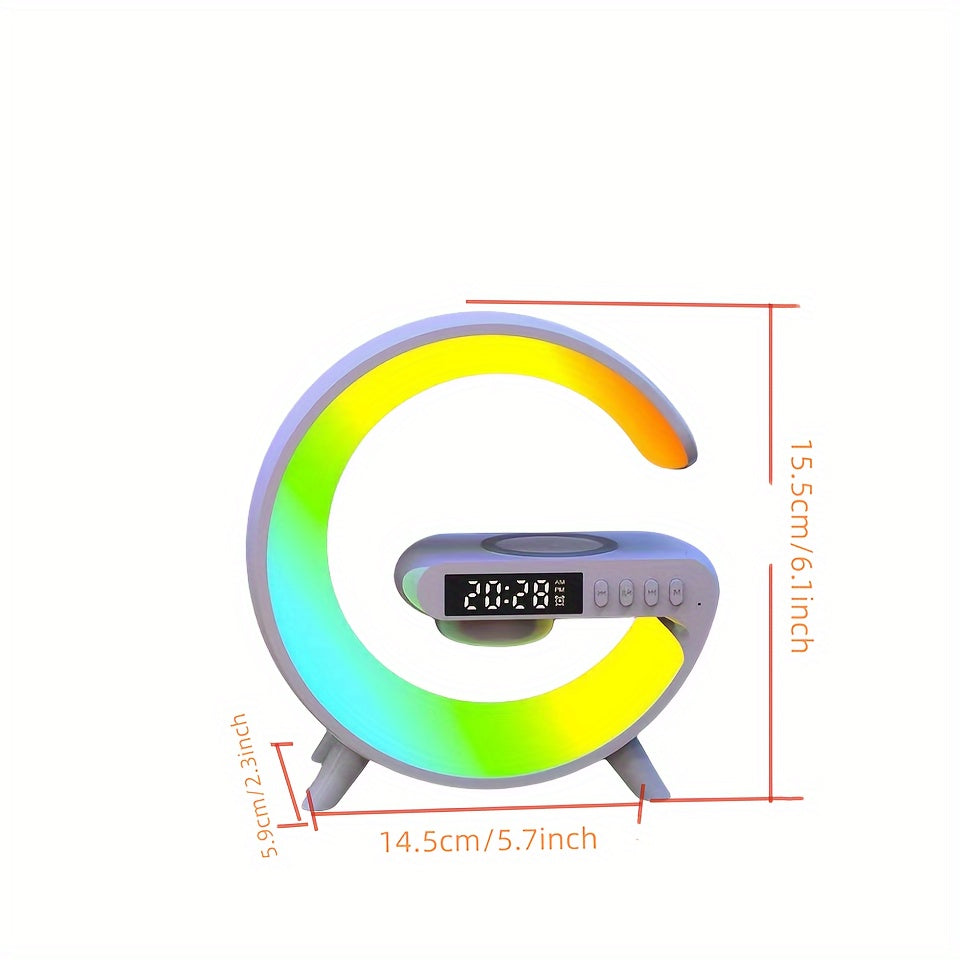 Multifunctional Desktop Ambient Lamp with Wireless Charging RGB LED Time Display Alarm Clock and Sound System