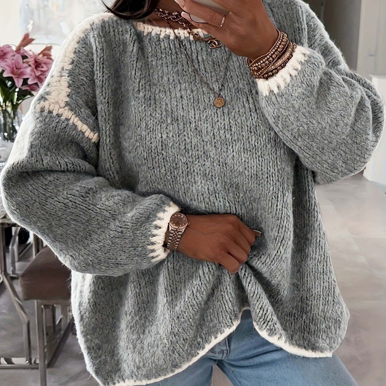 Plus Size Women's Beige Sweater Long Sleeve Fall Winter Casual Formal Knitwear