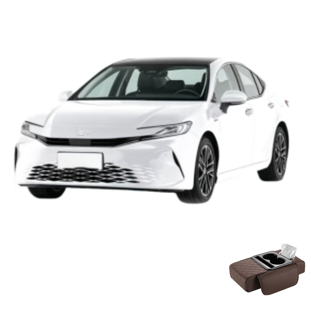 Faux Leather Car Armrest Storage Box Universal Fit All-Season Organizer for Water Cups Phones Tissues