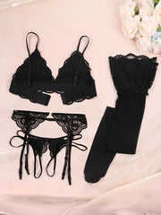 Women's Lace Garter Belt Set with Bra, Panties, and Stockings Nylon-Spandex