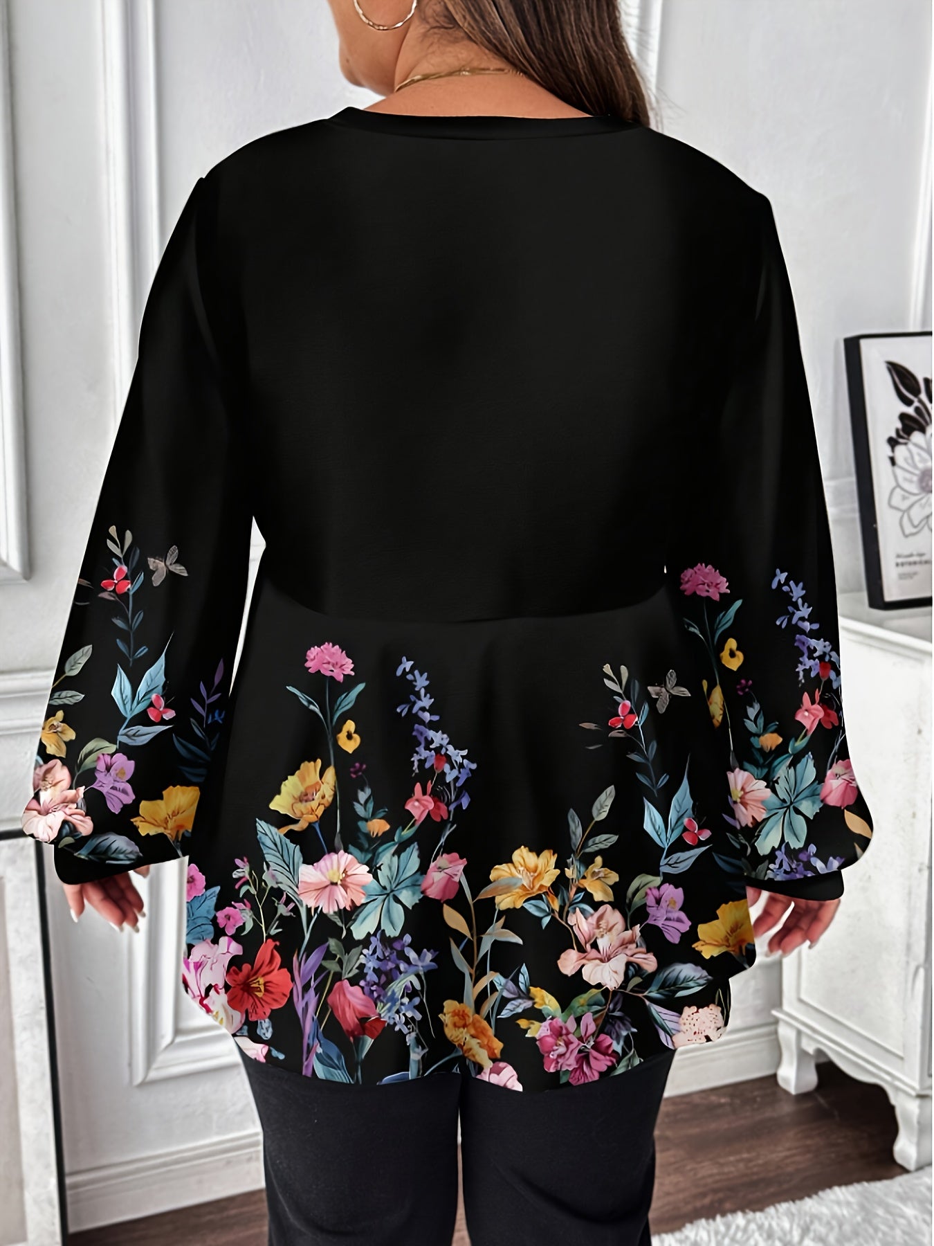 Plus Size Floral T-Shirt with Crew Neck Long Sleeves Draped Detail Polyester Blend Spring Fall