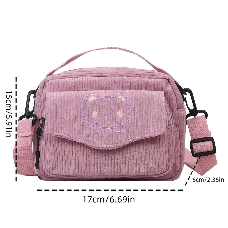 Corduroy Messenger Bag with Embroidered Cartoon Bear Removable Strap Crossbody Zipper Closure