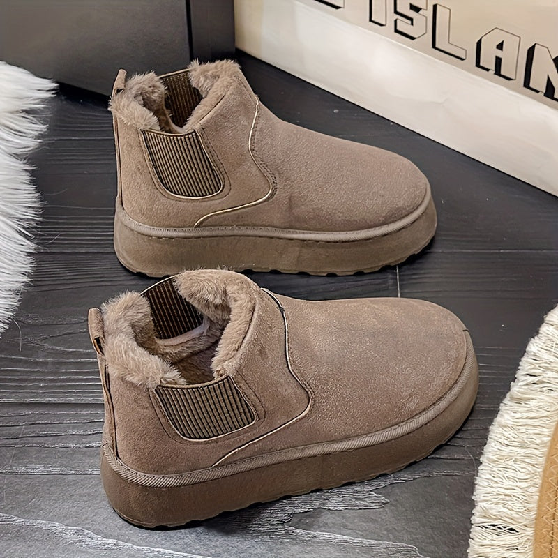 Women's Beige Slip-On Ankle Boots with Faux Fur Cushioned Sole