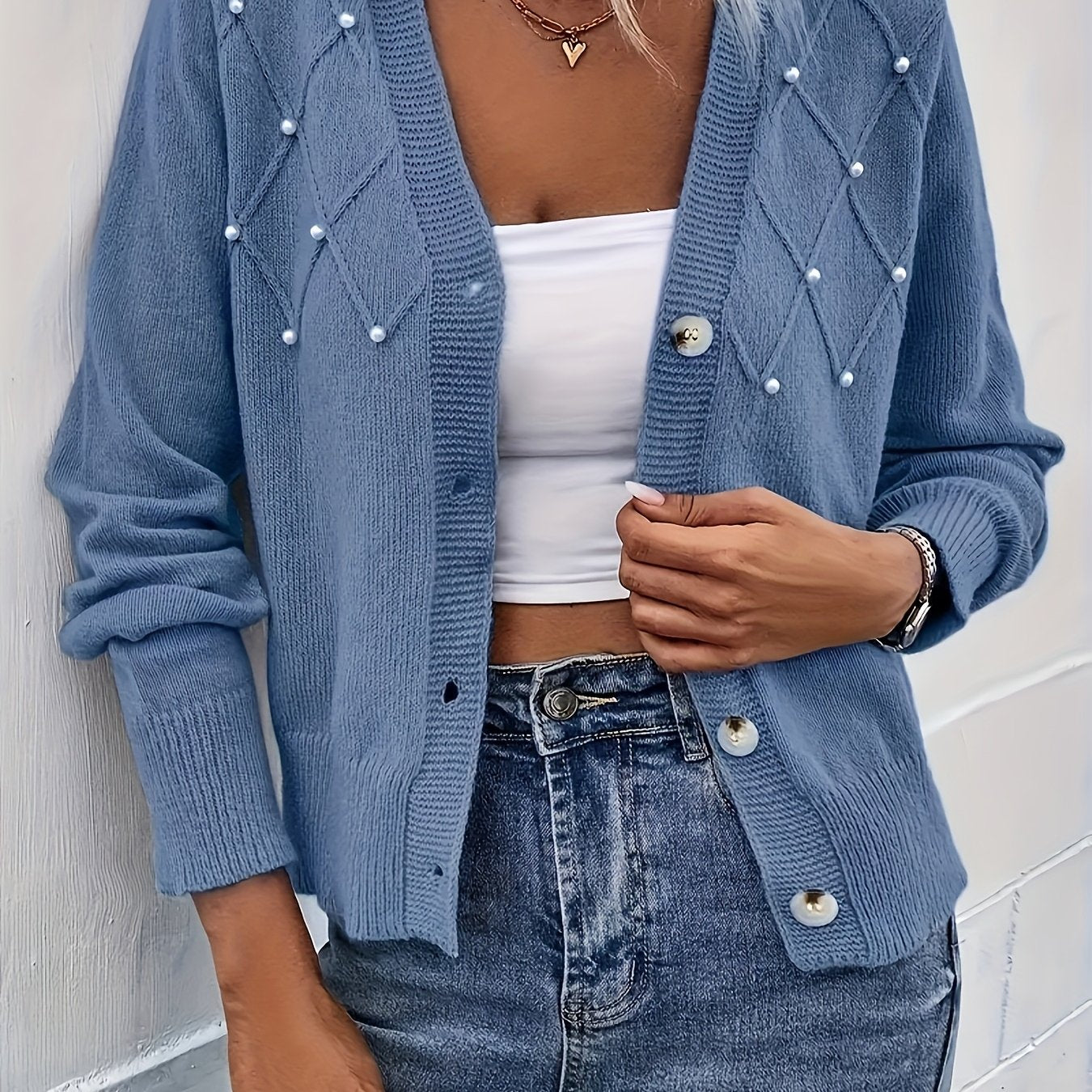 Women's Light Gray Pearl Embroidered Cardigan Long Sleeve Diamond Pattern