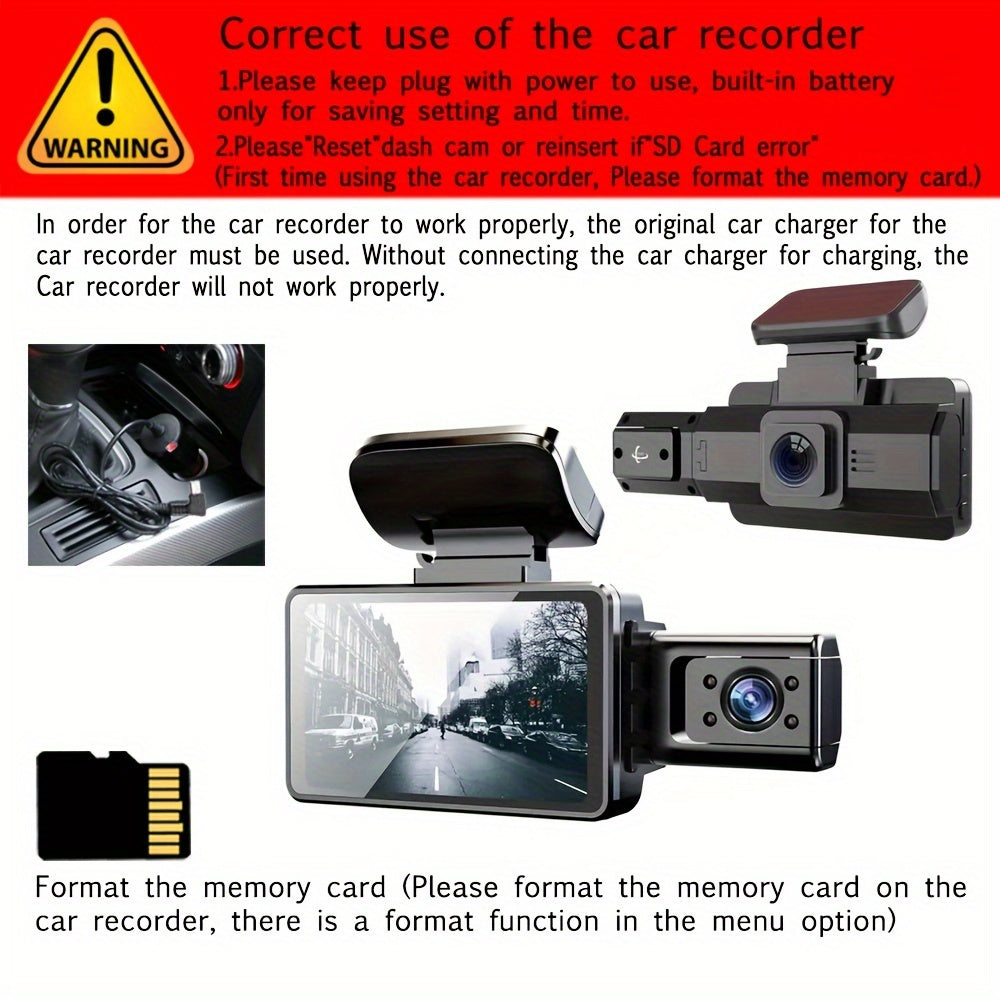 Dual Lens Car Dash Cam 7.62cm Screen Night Vision Wide Angle Loop Recording