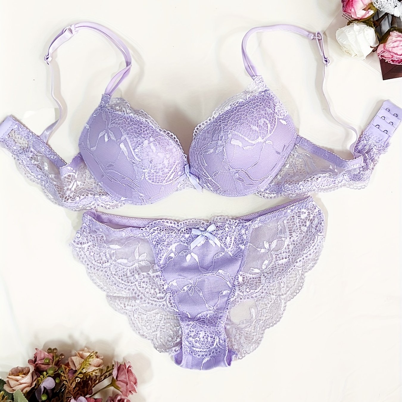 Lingerie Set Lace Bra and Panty with Contrast Details and Drop Waist Briefs