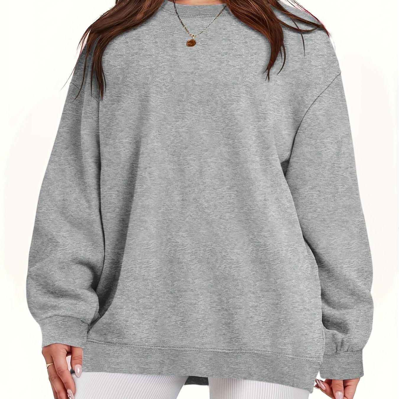 Plus Size Women's Solid Long Sleeve Crew Neck Sweatshirt Casual Fall Spring