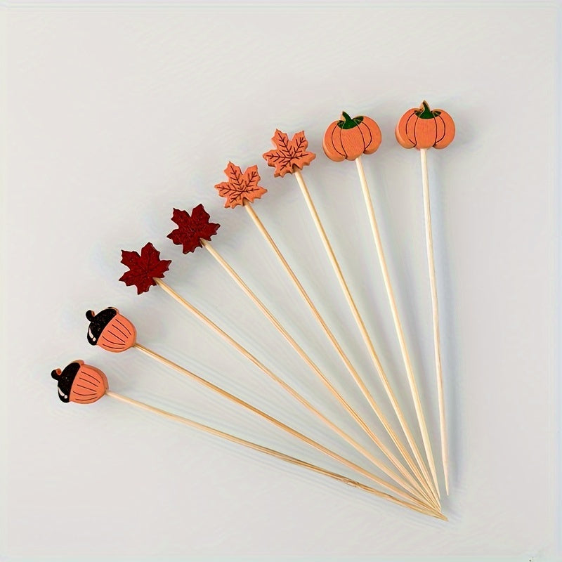 Bamboo Cocktail Picks for Appetizers and Fruit Skewers with Decorative Leaves Pumpkins and Acorns Set of 50