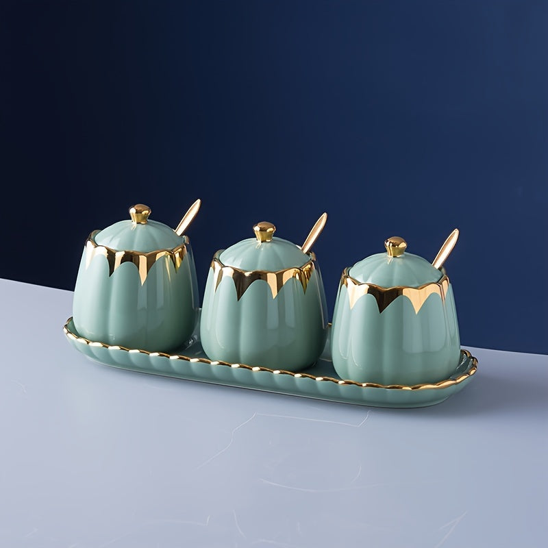 Set of 3 Ceramic Spice Containers with Tray Salt and Pepper Shakers Kitchen Storage