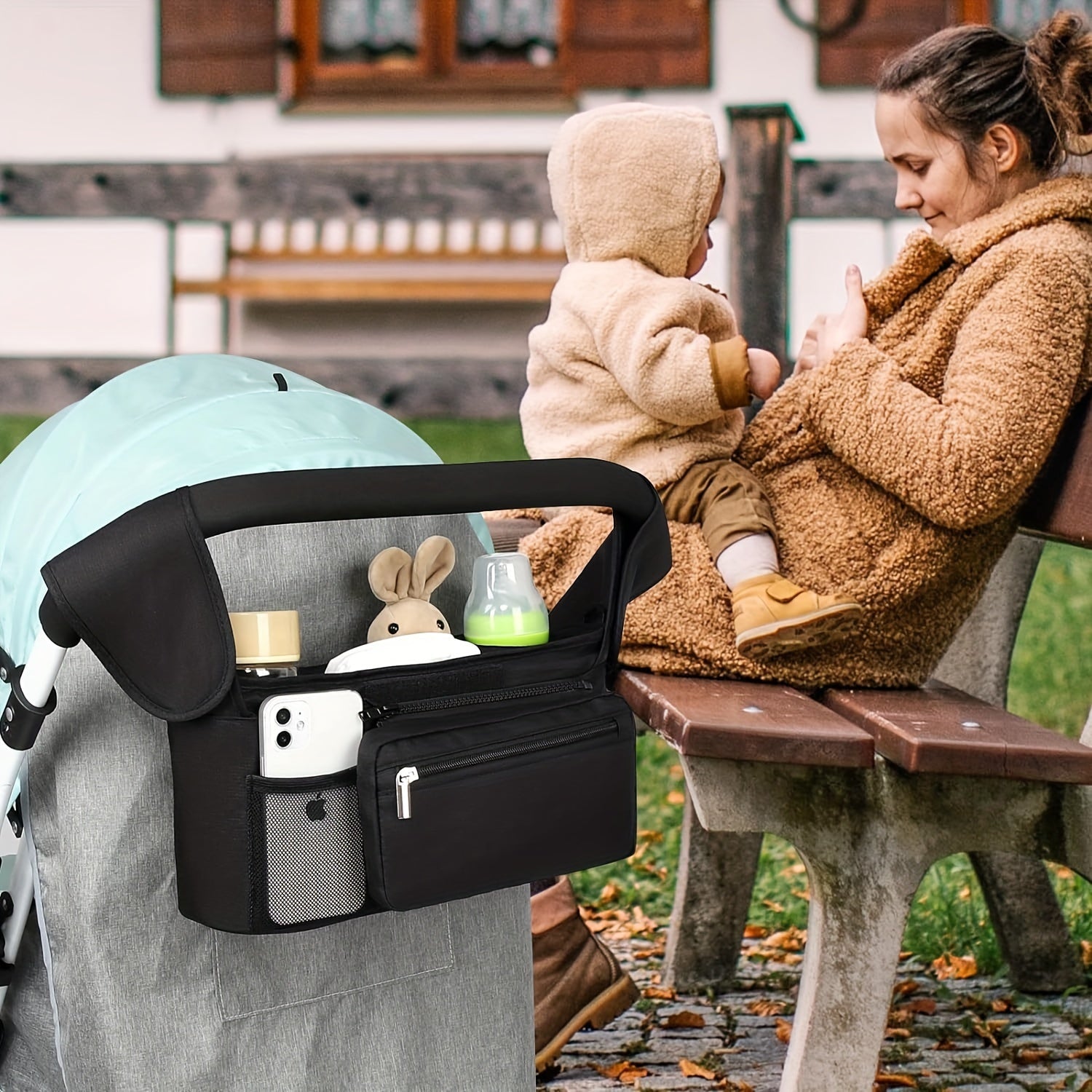 Organizador de cochecito con correa antideslizante, portavasos aislante, almacenamiento para teléfono, ajuste universal