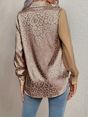 Women's Satin Leopard Print Button-Up Shirt Long Sleeve Casual Wear