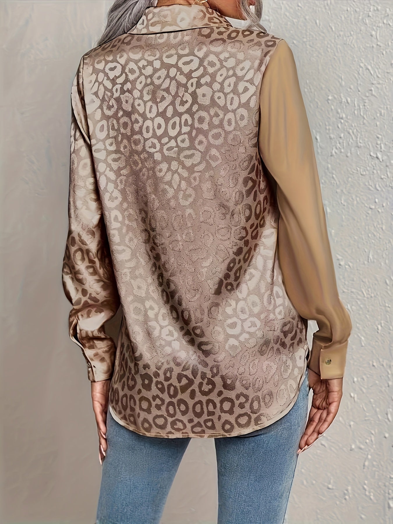 Women's Satin Leopard Print Button-Up Shirt Long Sleeve Casual Wear