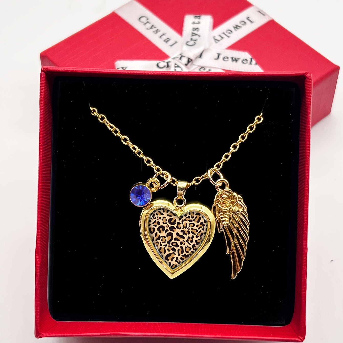 Heart-Shaped Photo Locket Necklace with Leopard Print December Birthstone Rhinestones Copper Gold
