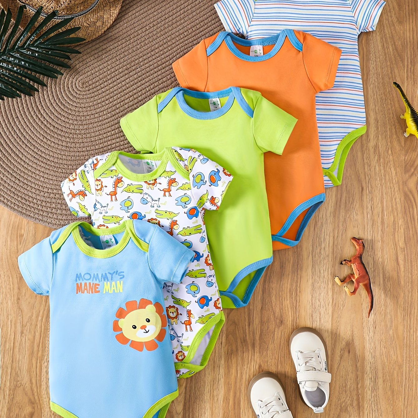 Baby Boy Cotton Romper Set 5pcs Summer Animal Pattern Stripes Crew Neck