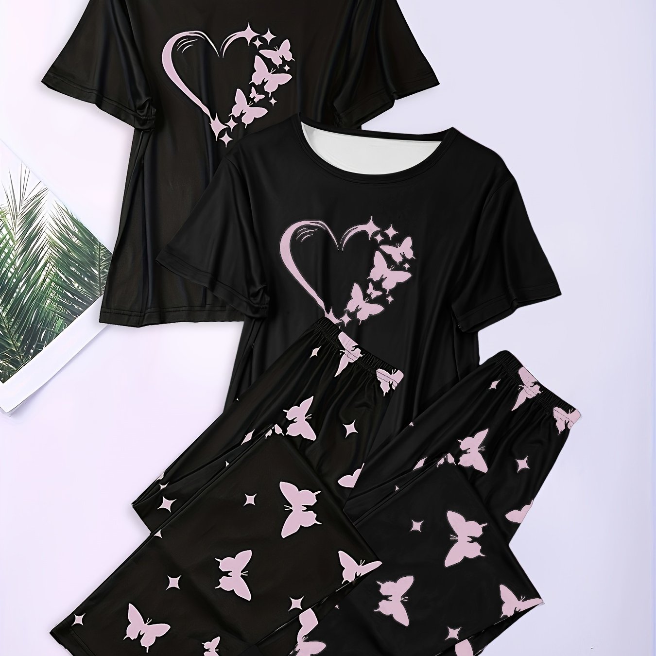 Women Cotton Floral Pajama Set Short Sleeve Long Pants Homewear