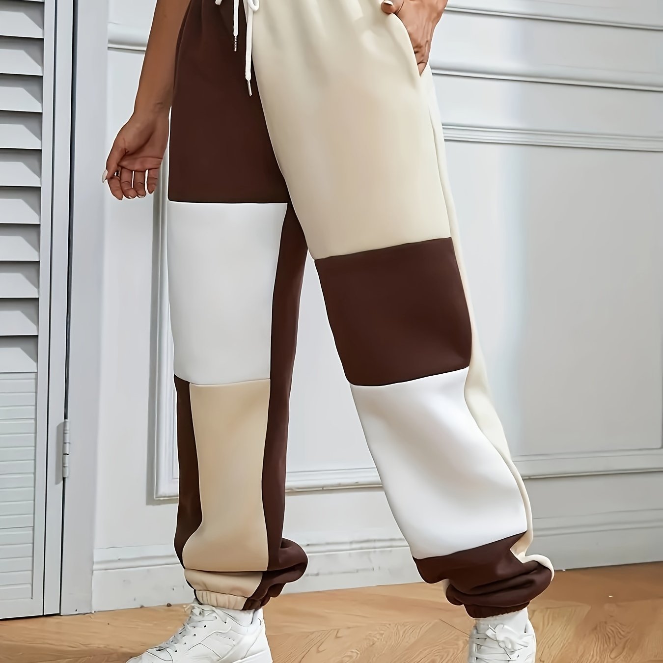 Plus Size Women's Color Block Jogger Pants Wide-Leg Elastic Waist Pastel Pink Lavender