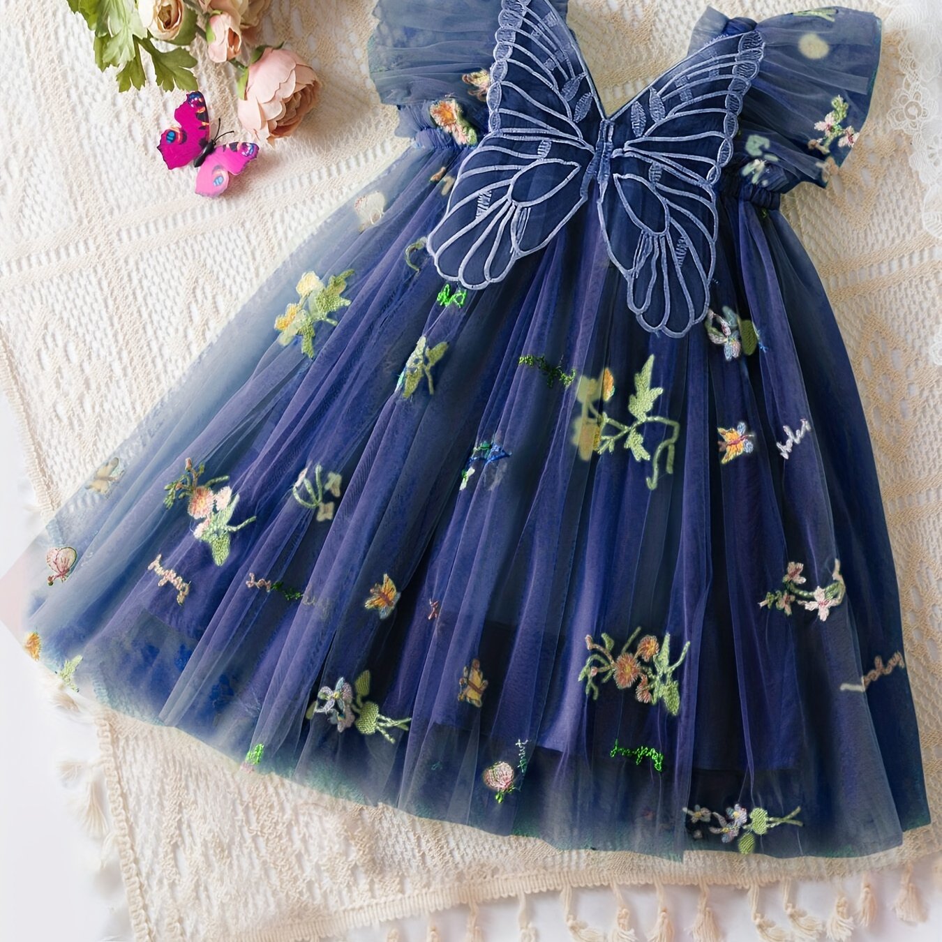 Infant Toddler Girl Summer Mesh Dress Butterfly Embroidery Cap Sleeve Baby Dress