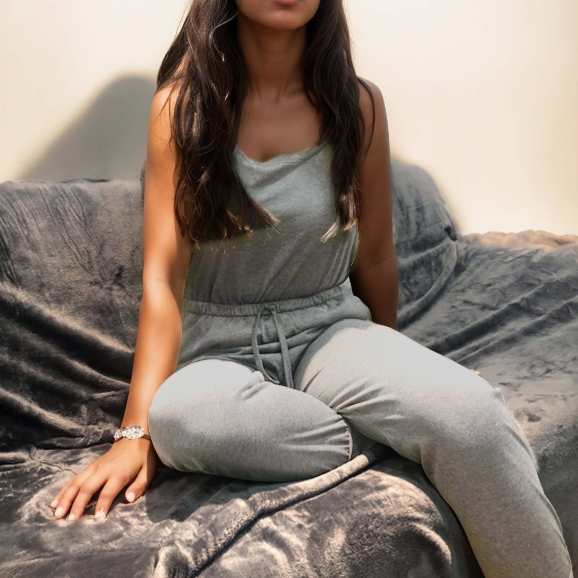 Women's Gray Sleeveless Jumpsuit with Tied Foot Casual Home and Outdoor Wear