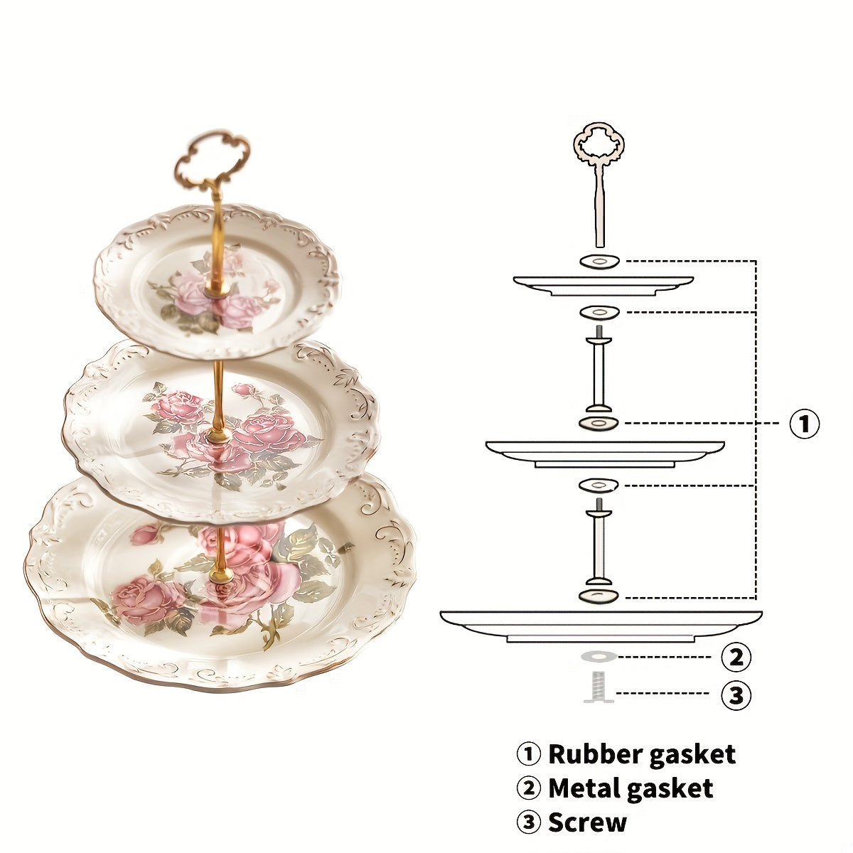 European-Style 3-Tier Ceramic Dessert Stand with Embossed Flower Design