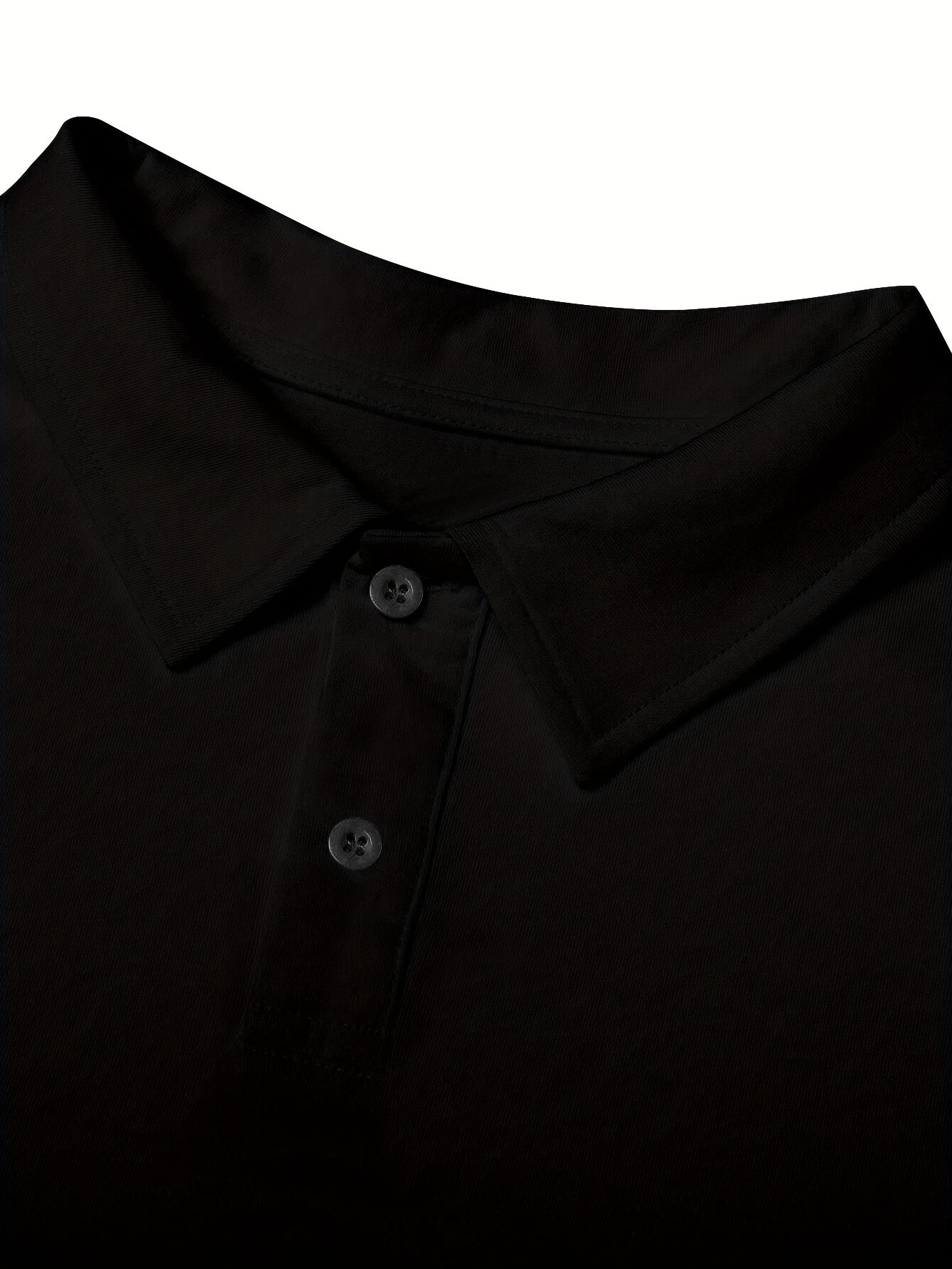 Men's Black Short Sleeve Polyester Knit Shirt with White Collar and Pocket for Golf or Semi-Formal