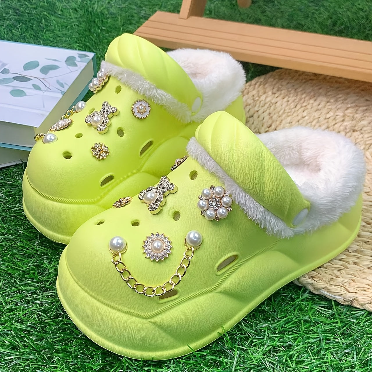 Women's Faux Fur-Lined EVA Slippers with Gold Bear and Floral Charms