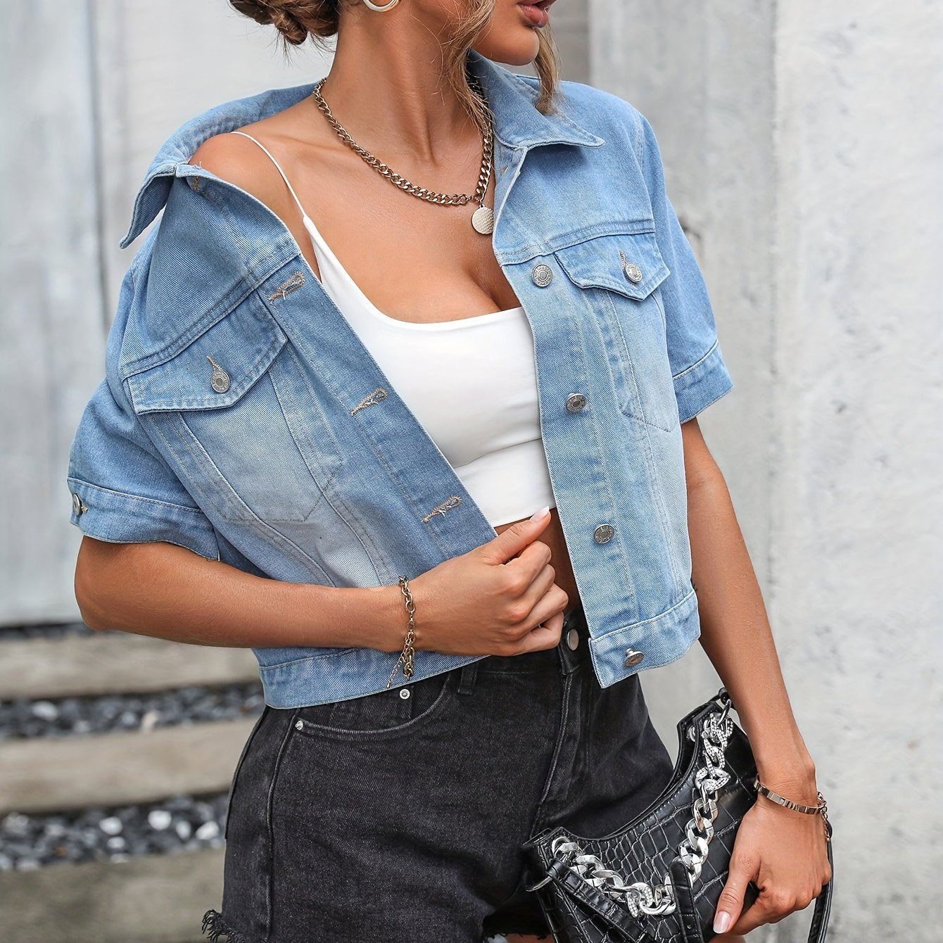 Women's Denim Jacket Short Sleeve Classic Button-Up Spring Summer