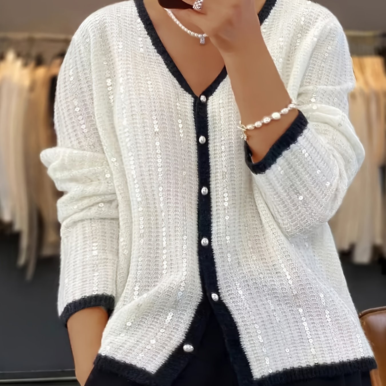 Women's Beaded Knit Cardigan Fall Winter Solid Color Crew Neck Casual