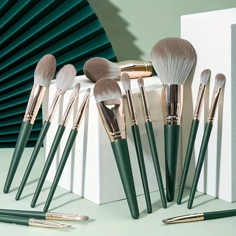14-Piece Green Makeup Brush Set for Face and Eye Contouring Blending