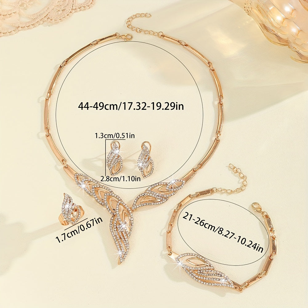 Gold Plated Jewelry Set with Earrings Necklace Bracelet and Ring for Women