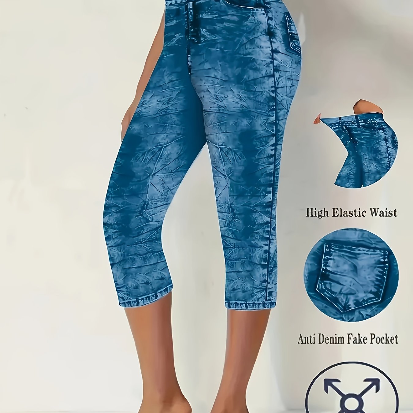 Women's High-Waisted Stretch Denim Capri Pants Floral Print Elastic Waist