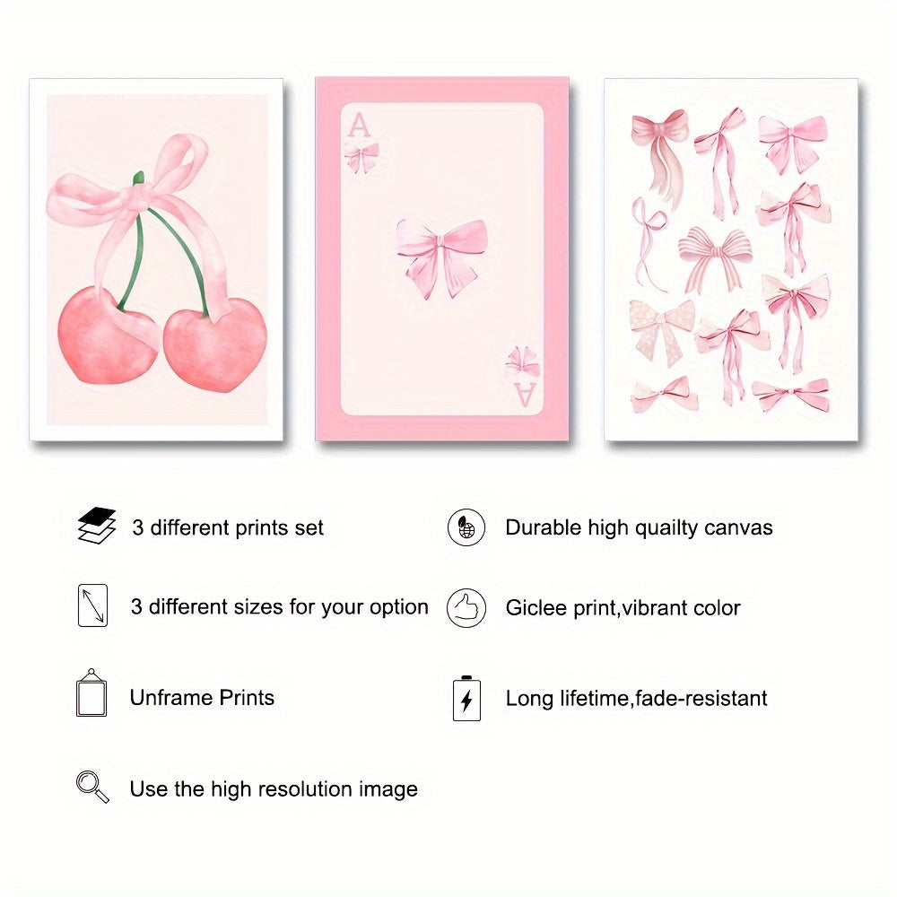 Set of 3 Pink Cherry Bow Canvas Wall Art Prints for Girl Room Bedroom Living Room Decor