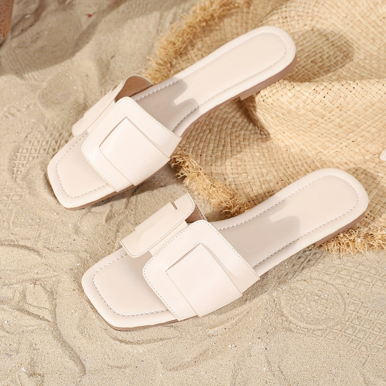 Women's Summer Flat Sandals Open Toe Slip-On Breathable PU Rubber Sole