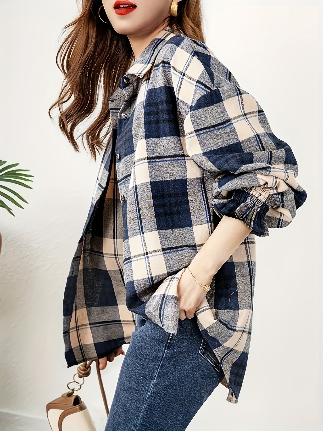 Plus Size Women's Plaid Long Sleeve Button-Up Shirt Casual Fall Blouse