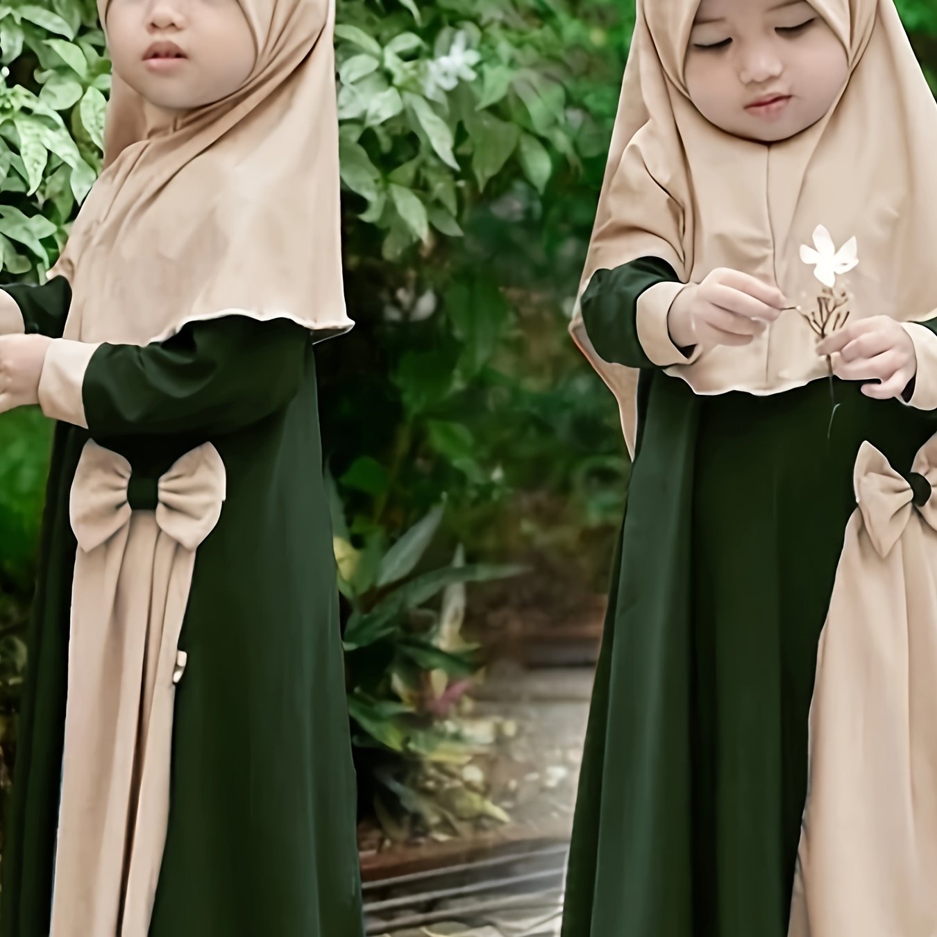 Girls Eid Al-Adha Dress Set with Headscarf Bowknot Design Polyester Solid Color