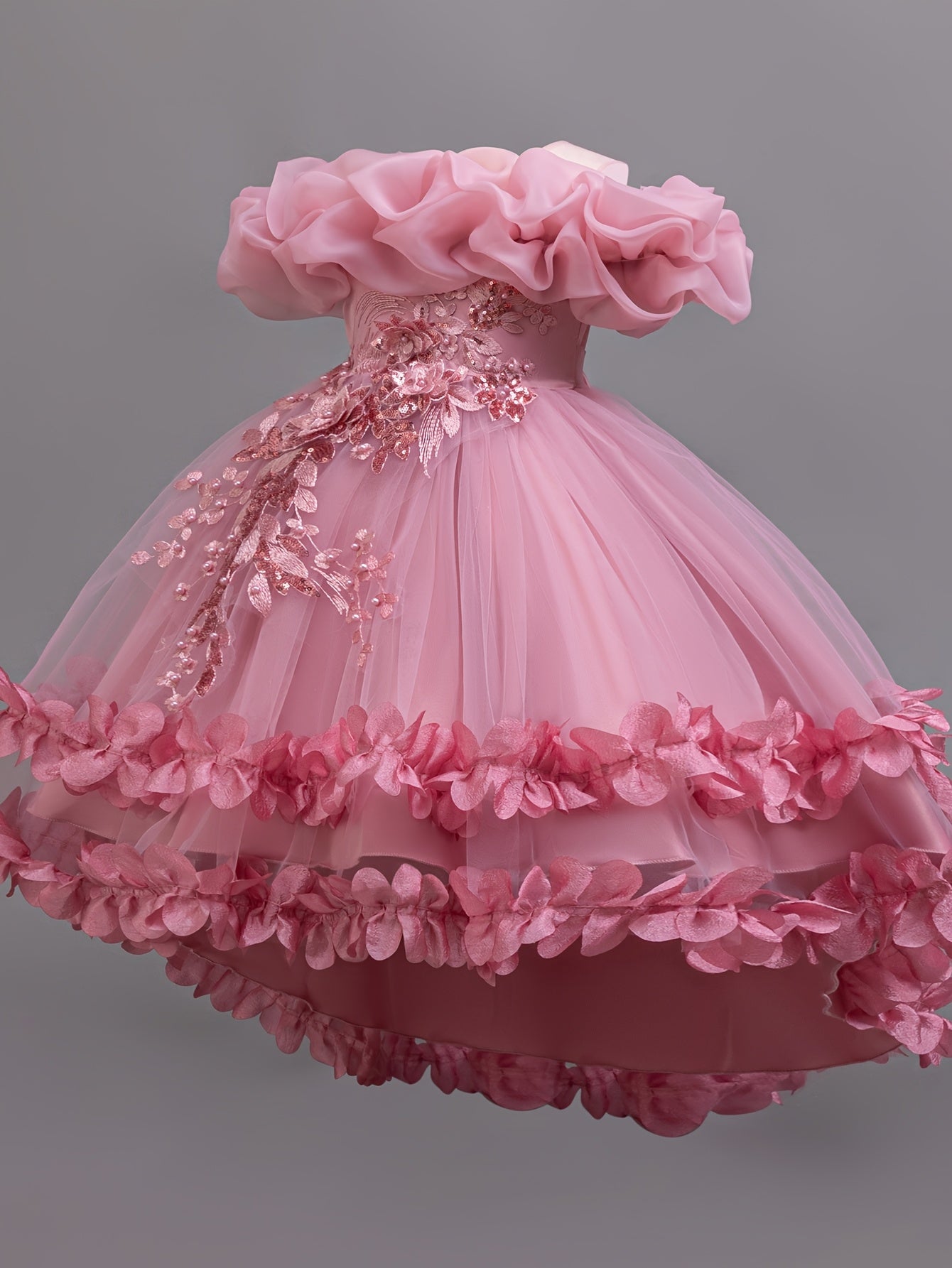 Girls Sleeveless Princess Dress with High-Low Hem Floral Appliques and Belt for Summer